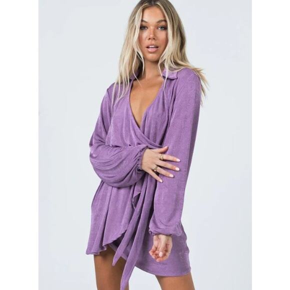 Princess Polly Dresses & Skirts - Princess Polly Party Time Collared Wrap Dress Purple 0 Balloon‎ Sleeve Shimmery